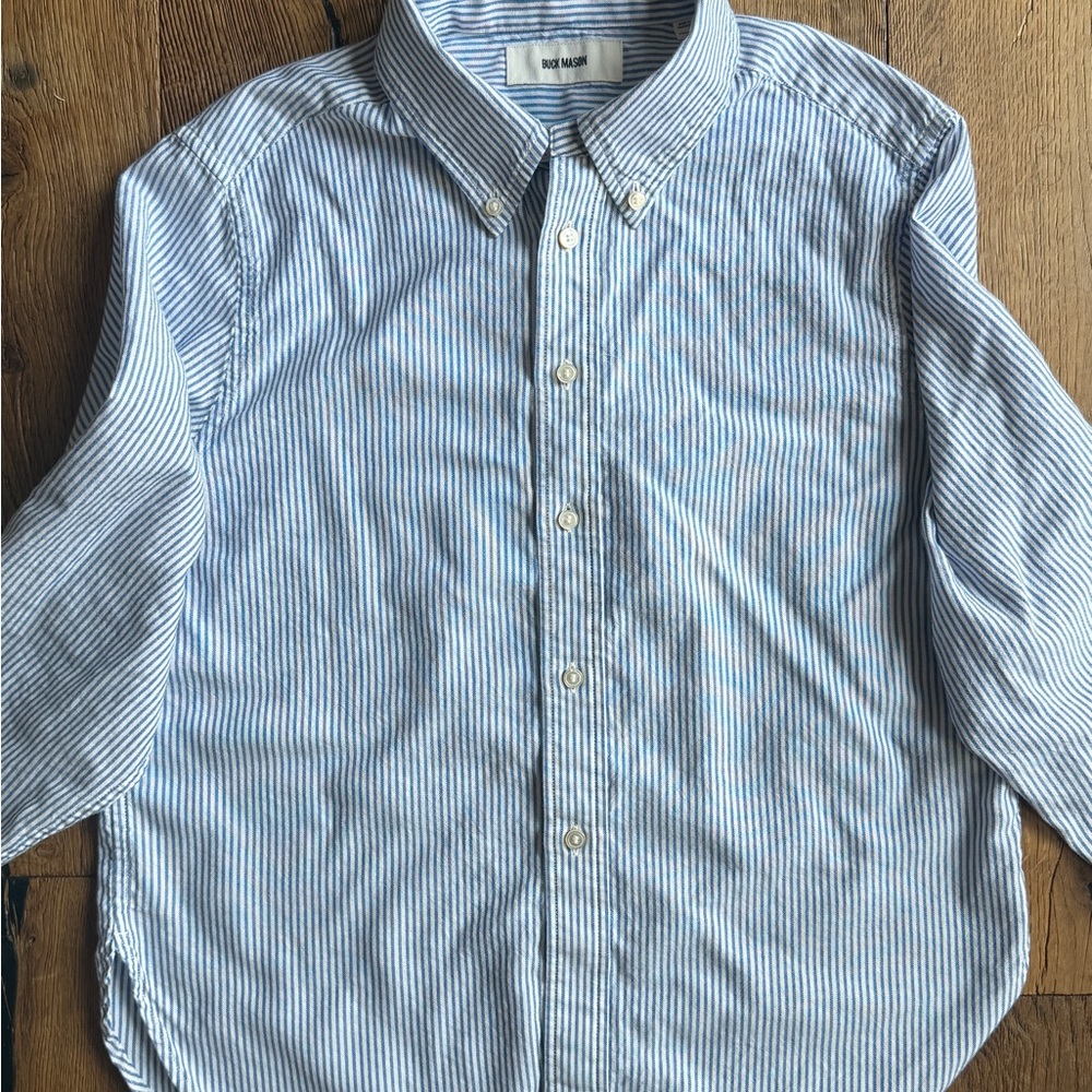 Buck Mason Shrunken Oxford Shirt Medium Blue White Pinstripe Coastal Preppy - Picture 3 of 4